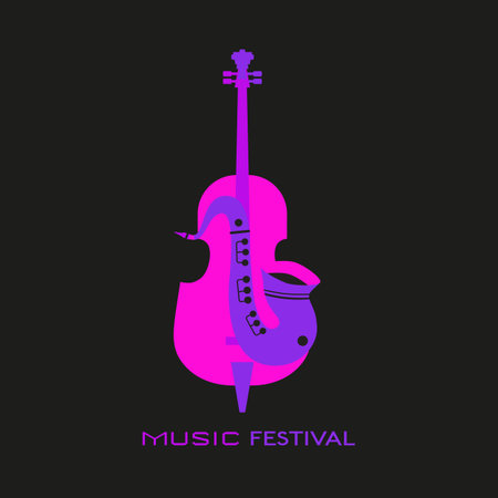 Violoncello Saxophone Live Music cute hand drawn vector icon. Violin, Sax bright color silhouette design element. Vintage musical instrument emblem template. Advertising event background illustrationのイラスト素材