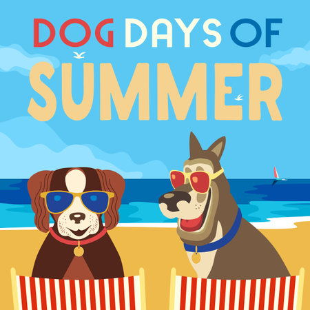 Dog days of Summer Time for adventure. Cute comic cartoon. Colorful humor retro style. Dogs in sunglasses enjoy beach fun leisure relax. Summertime vacation journey. Vector banner background templateのイラスト素材
