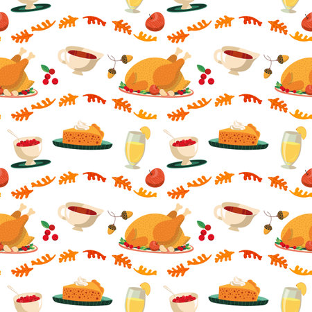Traditional Happy Thanksgiving festive dishes vector seamless pattern. Roast turkey, cranberry sauce, pumpkin pie cartoon design decorative element. Harvest Feast celebration background illustrationのイラスト素材