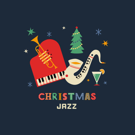 Christmas holiday Jazz fancy vector icon. Saxophone, trumpet, piano cartoon design element. Jazz music club x-mas holidays invitation template. Christmas party live music event background illustrationのイラスト素材