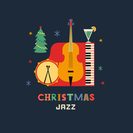 Christmas holiday Jazz fancy vector icon. Violoncello, drum, piano cartoon design element. Jazz music club x-mas holidays invitation template. Christmas party live music event background illustrationのイラスト素材