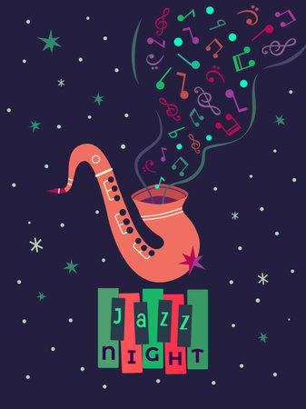 Winter Holidays Christmas Jazz Night vector poster. Sax burst out musical notes minimal design element illustration. Christmas season Holiday joyful celebration, live concert performance backgroundのイラスト素材