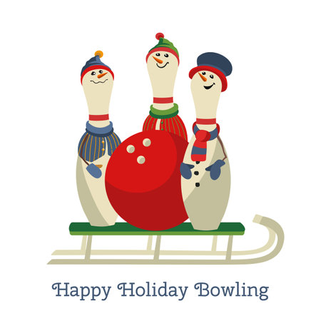 Christmas holiday bowling fancy vector icon. Bowling ball, funny pins in sleigh cartoon design element. Bowl club x-mas holidays invitation template. Christmas bowl party event background illustrationのイラスト素材