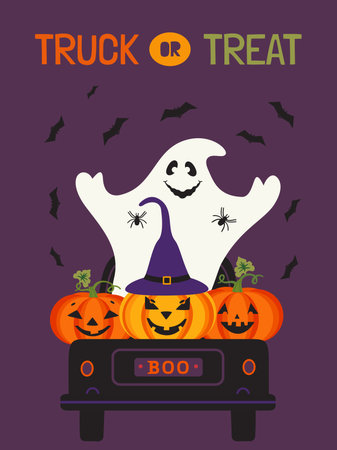 Halloween Spooky Truck or Treat Cute vector poster. Holiday truck with ghost, pumpkins, spider, bats scary characters cartoon design element illustration. Happy Halloween holiday fun event backgroundのイラスト素材