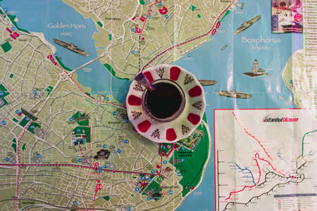 Tea cup over a map of Istanbulの写真素材
