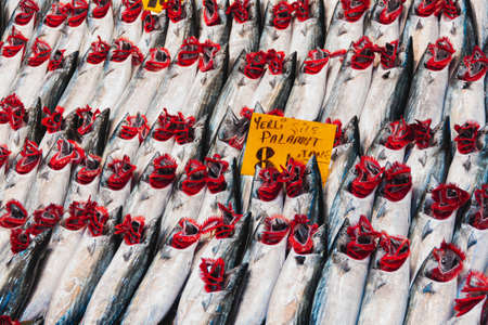Fresh fishes on market with gills exposedの写真素材