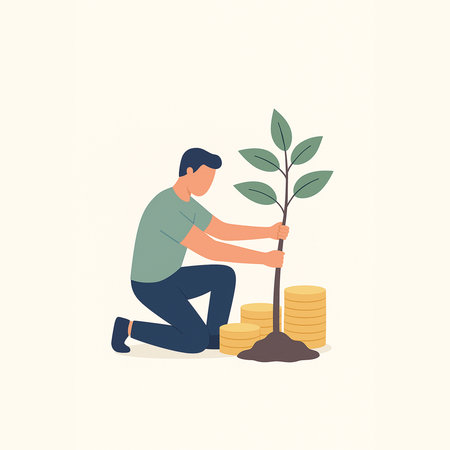 Minimal flat vector of a person planting a tree, sustainability theme.の写真素材