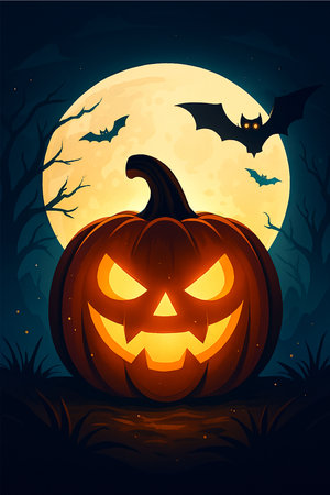 Halloween Night Party Vector Illustration with Pumpkins and Batsの写真素材