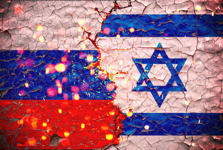 Grunge Israel vs Russia national flags icon pattern isolated on broken cracked wall background, abstract international political relationship friendship divided conflicts concept wallpaper.の写真素材