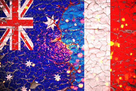 Grunge France VS Australia national flags icon pattern isolated on broken cracked wall background, abstract international political relationship friendship divided conflicts concept texture wallpaper.の写真素材