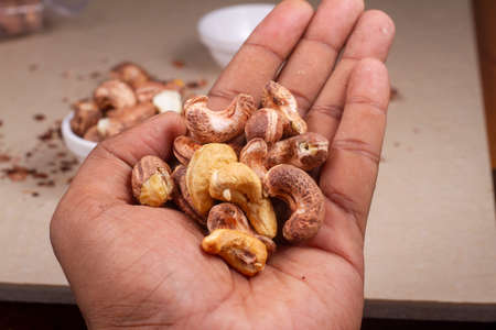 cashews isolated on light background. Flat layの写真素材