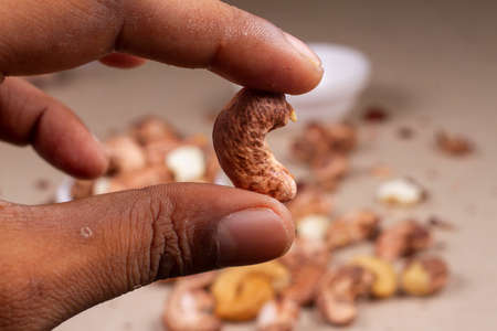 cashews isolated on light background. Flat layの写真素材