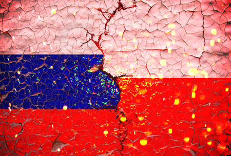 Grunge russia vs poland national flags icon pattern isolated on broken cracked wall background,...