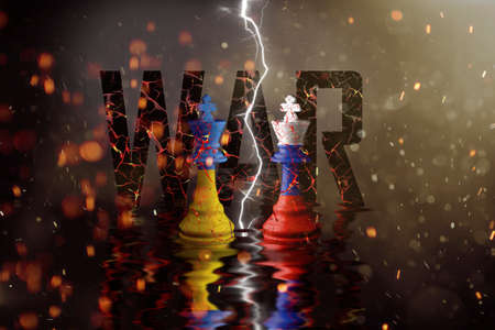 Ukraine and Russia flags paint over on cracked chess king. 3D illustration Ukraine vs Russia crisis...