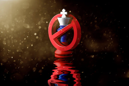 Russia flags paint over on chess king ban sign. Russia banned concept. 3D illustration.