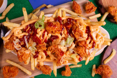 Dish of CHEESY FRIES at cafe restaurant. American fast food dish, consisting of french fries covered in cheese.の写真素材