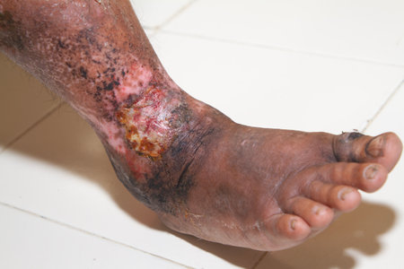 Closeup of the legs of a woman suffering from chronic psoriasis on a white background. Closeup of rash and scaling on the patient's skin. Dermatological problems. Dry skin. Isolatedの写真素材