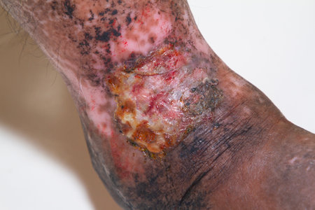 Closeup of the legs of a woman suffering from chronic psoriasis on a white background. Closeup of...