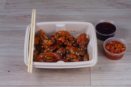 Delicious Teriyaki chicken wings with special marinade and sesameの写真素材
