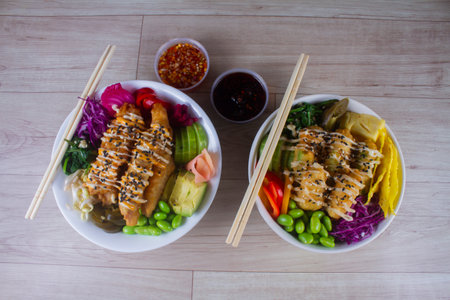 Crispy Tofu And Avocado and Poke chicken karage poke top view. japanese food.