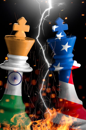usa and india flags paint over on chess king. 3D illustration usa vs india crisis.の写真素材
