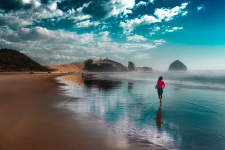 Beautiful seascape at sunset. Young woman walking on the beach.の写真素材