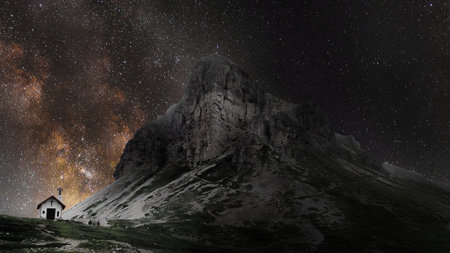 Milky Way over Dolomites mountains, Italy. Long exposureの写真素材