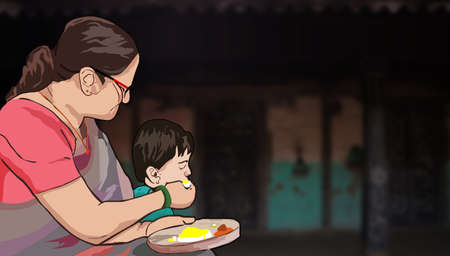 Indian grandmother is feeding her small grandchildren.の写真素材