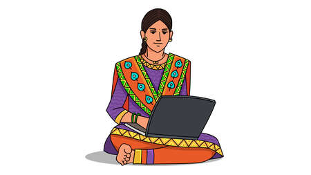 Indian village girl using Laptop technology.の写真素材