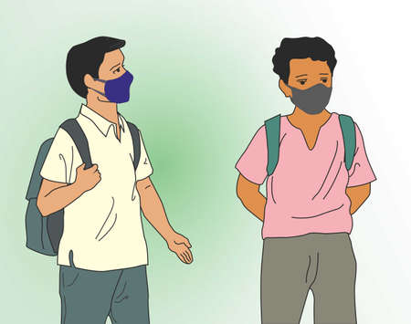 An Indian School friends wearing mask while going to school.の写真素材