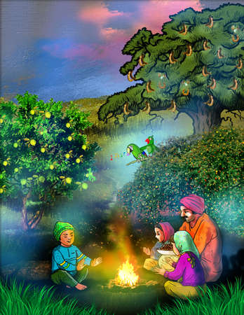 Cold of night an Indian farming families sitting in front of fire.の写真素材
