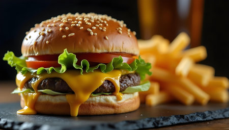 Tasty cheeseburger with french fries on a dark background.の素材