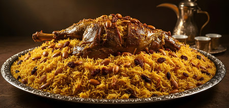 Saudi Kabsa with Whole Roasted Lamb â Traditional Arabian Rice and Meat Dishの素材