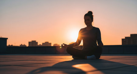 Young woman practicing yoga on the roof of a building during sunset.の素材