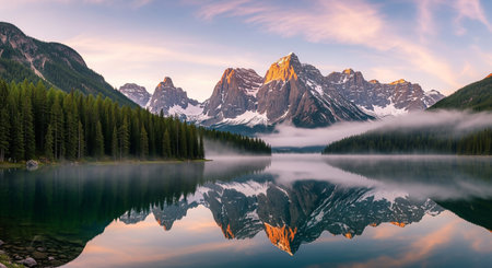 Panoramic view of the lake with reflection of the mountains in the waterの素材