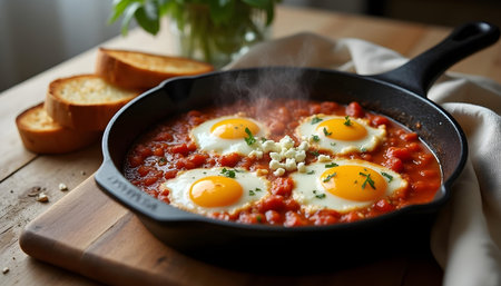 Fried eggs with tomato sauce in a cast-iron frying panの素材
