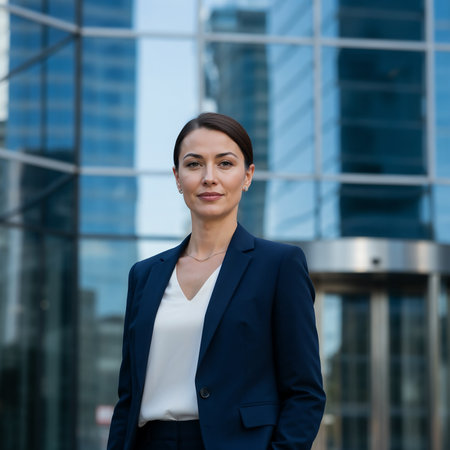 Portrait of a young businesswoman standing in front of office buildingの素材