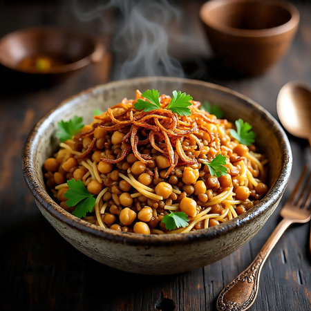 Spaghetti with chickpeas and onions in a bowl on a dark wooden backgroundの素材