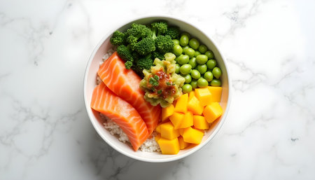 Healthy lunch bowl with salmon, mango, broccoli and avocado on white marble backgroundの素材