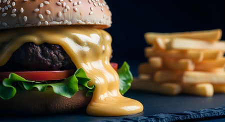 Cheese burger - American cheese burger with fresh salad and tomato on black backgroundの素材