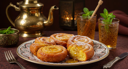 Mhancha Moroccan Spiral Pastry with Honey and Mint Tea Serviceの素材