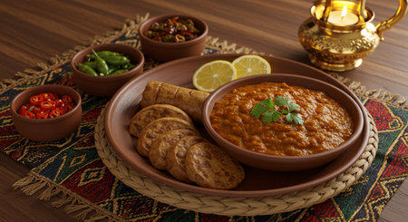 Tagalia Sudanese Peanut Stew with Kissra Bread - Traditional African Dishの素材