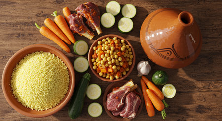 Couscous Ingredients - Traditional Moroccan Cooking Preparation with Vegetables and Meatの素材