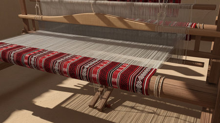 Traditional Gulf Sadu Weaving Loom with Red Black Geometric Pattern - Textile Productionの素材