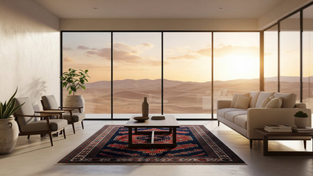 Modern Gulf Interior Design with Sadu Carpet and Desert Landscape View - Luxury Living Roomの素材
