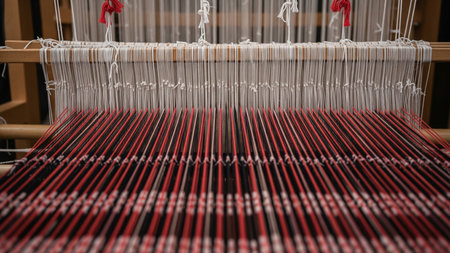Sadu Carpet Weaving Loom Detail with Red Black White Stripes - Traditional Textile Craft Close-upの素材