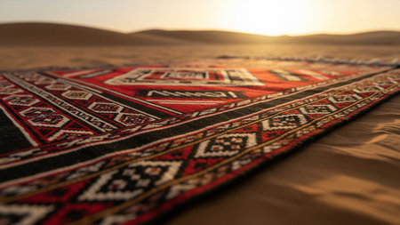 Close-up Traditional Gulf Sadu Carpet with Red Black Geometric Pattern - Woven Textile Detailの素材