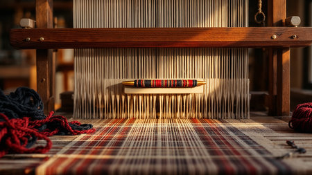 Traditional Saudi Sadu Loom with Woven Carpet Detail - Handmade Textile Craftsmanshipの素材