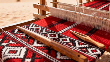 Saudi Sadu Weaving Loom with Red Geometric Pattern - Traditional Textile Craft Productionの素材