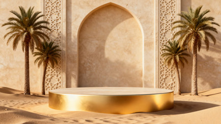 Luxury Arabian Podium with Palm Trees and Islamic Architecture - Product Display Standの素材